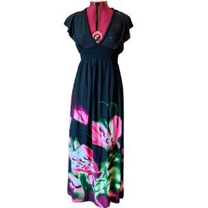DESIGUAL - Black with pink green Floral prints + sequins - maxi dress size 42